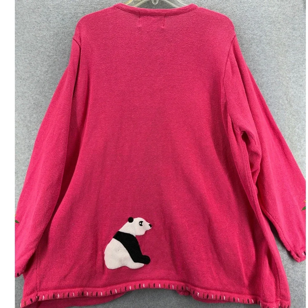 Quacker Factory Panda Cardigan 1X Pink Embroidered Applique Ramie